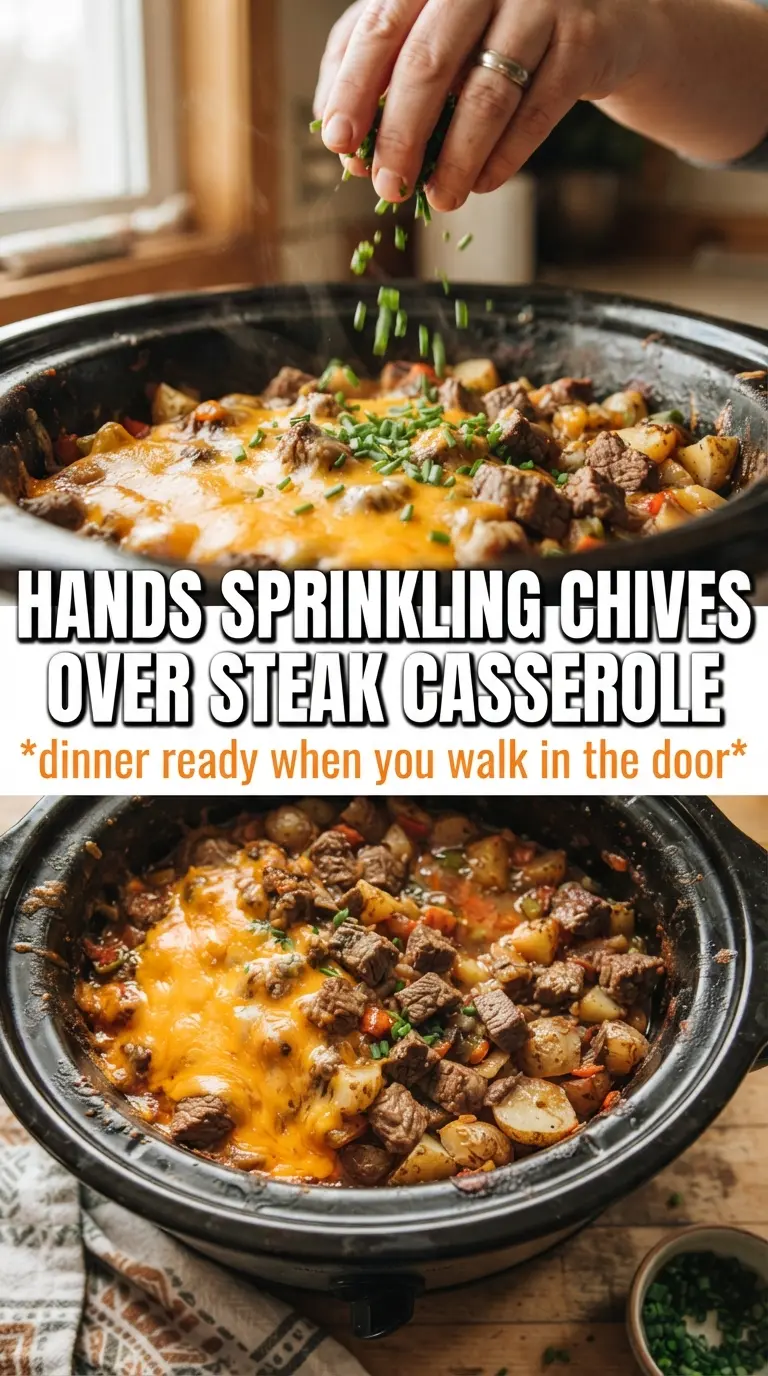 Slow cooker steak and cheddar potato casserole, cheesy, hearty, comforting