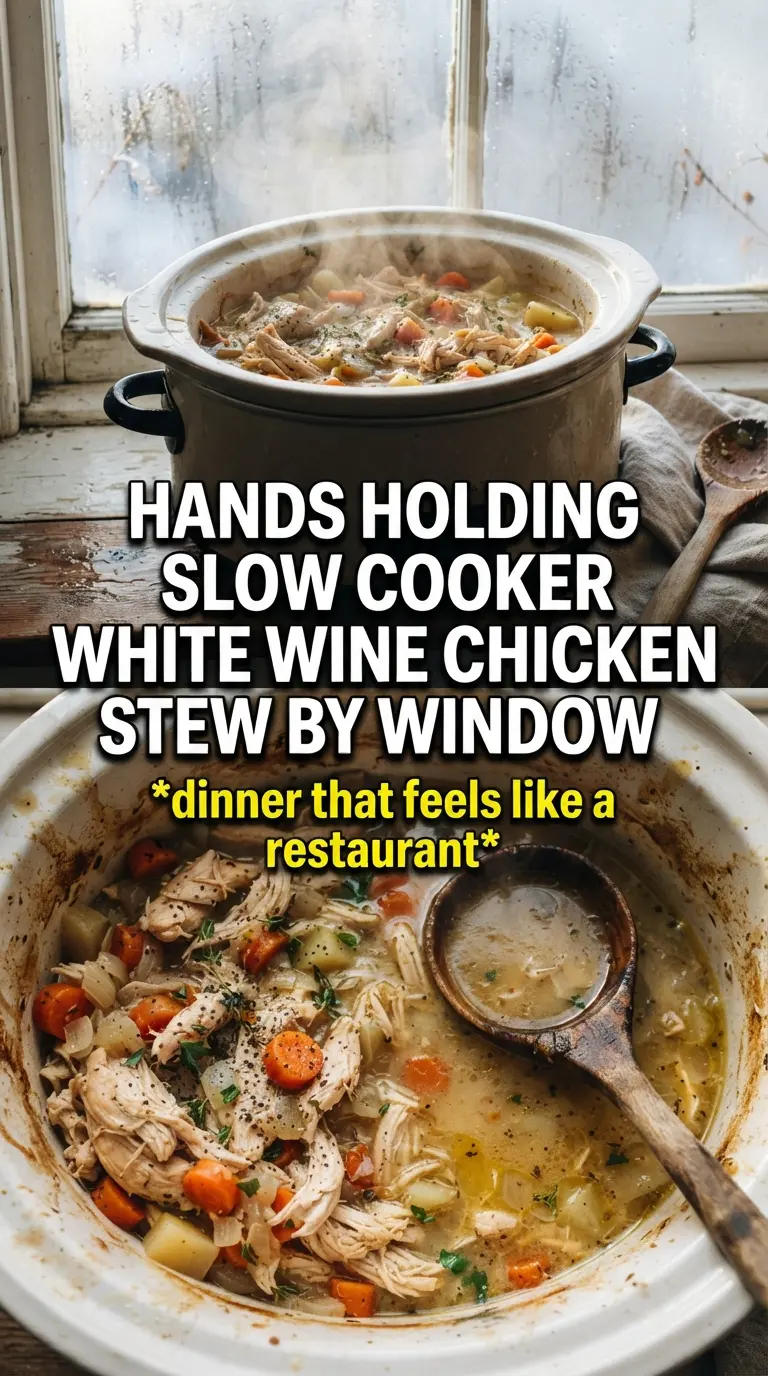 Slow Cooker White Wine Chicken Stew golden broth tender mushrooms
