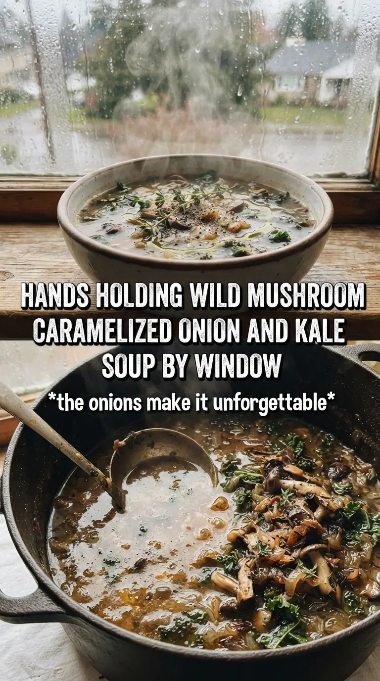 Wild Mushroom Caramelized Onion And Kale Soup, earthy, hearty, rustic